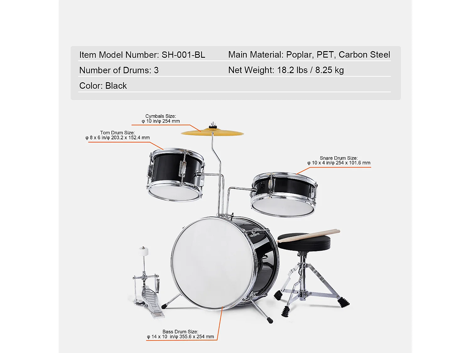 Ensemble de Batterie pour Enfants SucceBuy, 3 Pièces, 355 mm, Kit de Batterie pour Débutant avec Trône Réglable, Cymbale, Deux Baguettes