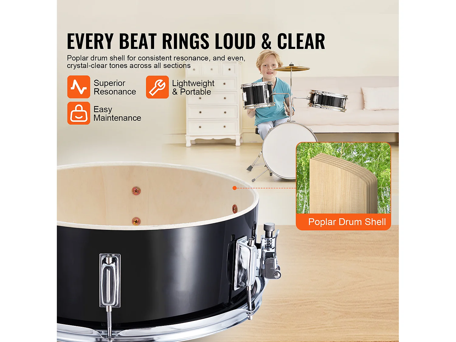 Ensemble de Batterie pour Enfants SucceBuy, 3 Pièces, 355 mm, Kit de Batterie pour Débutant avec Trône Réglable, Cymbale, Deux Baguettes