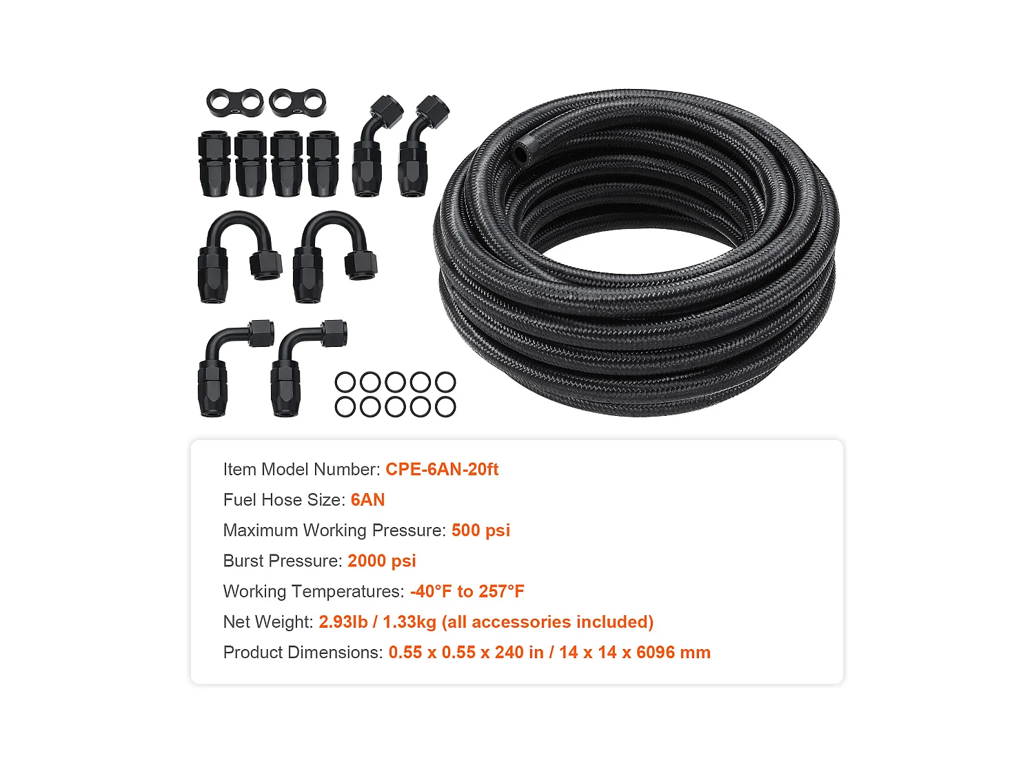 Kit de Conduite de Carburant SucceBuy 6AN 610cm en Acier Inoxydable Tressé en Nylon 12 Raccords de Tuyau