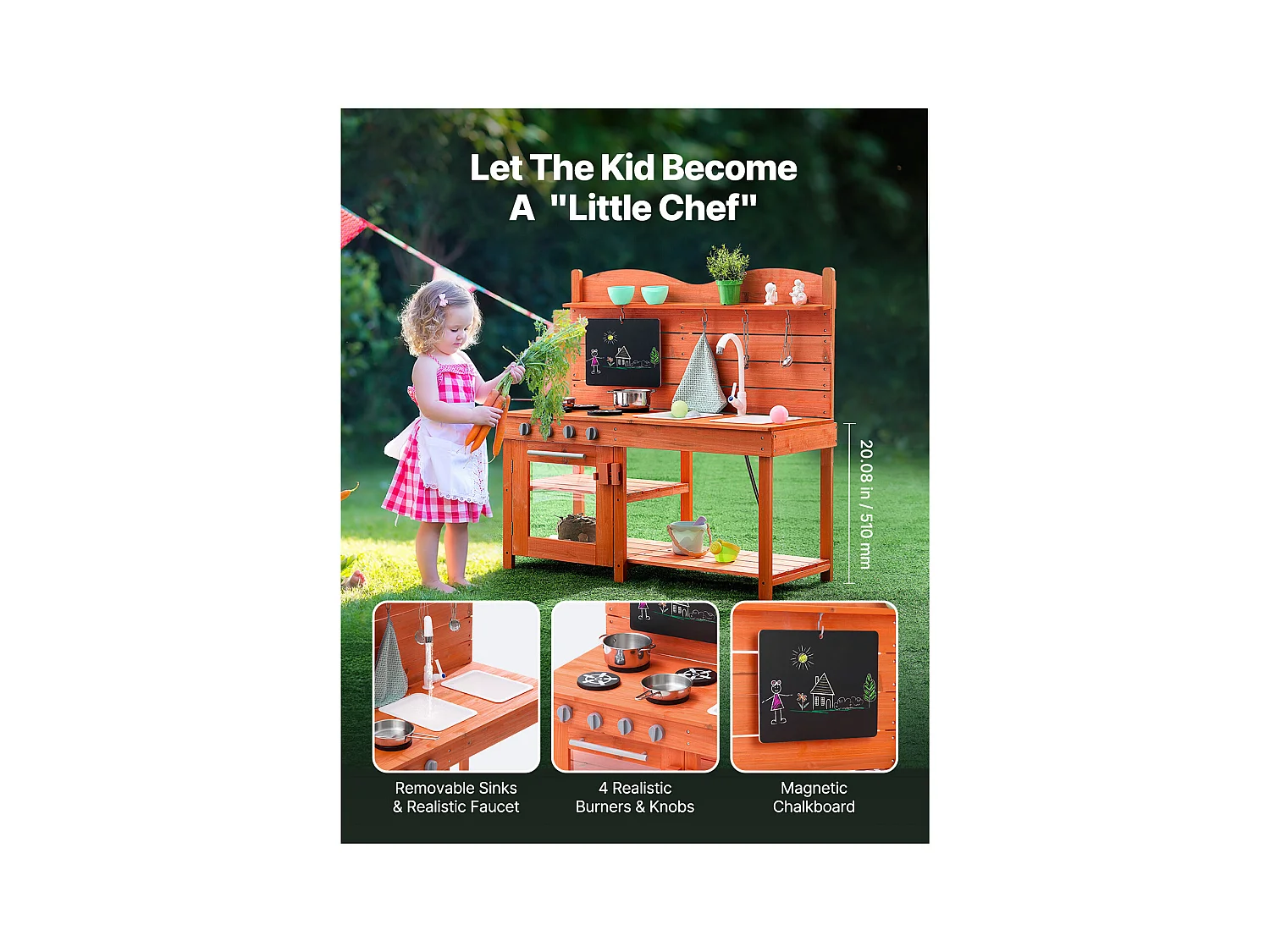 Cuisine en Bois SucceBuy, Ensemble de Cuisine de Jeu d'Extérieur pour Enfants, avec Boutons Sonores, pour s'Amuser en Extérieur