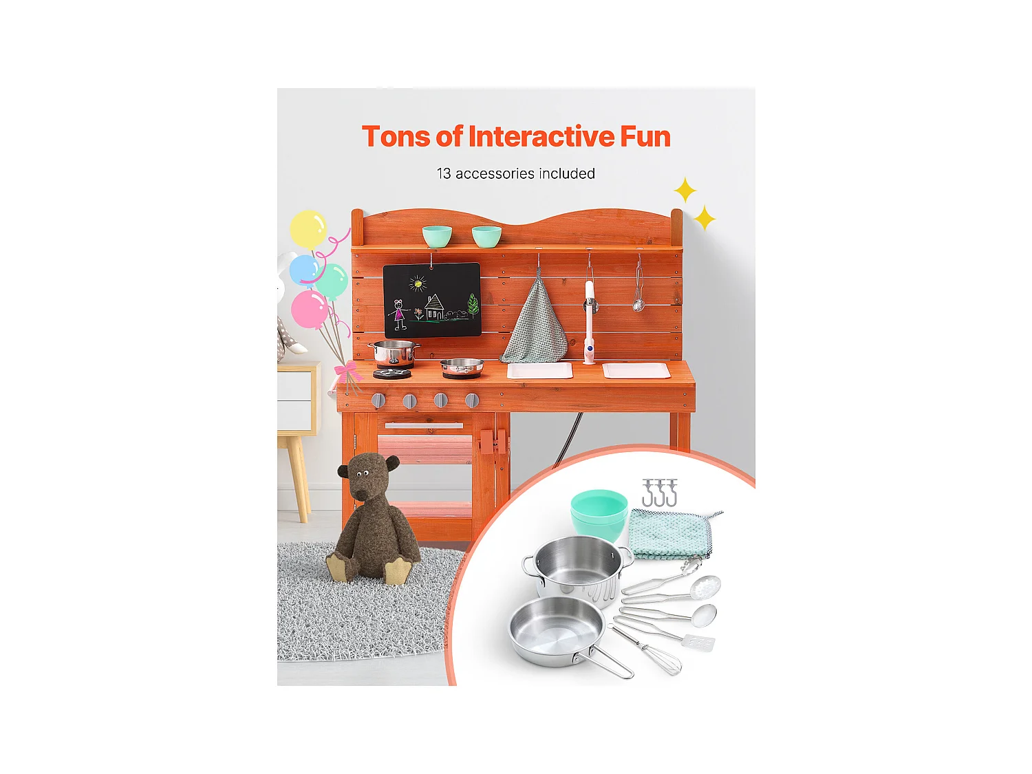 Cuisine en Bois SucceBuy, Ensemble de Cuisine de Jeu d'Extérieur pour Enfants, avec Boutons Sonores, pour s'Amuser en Extérieur