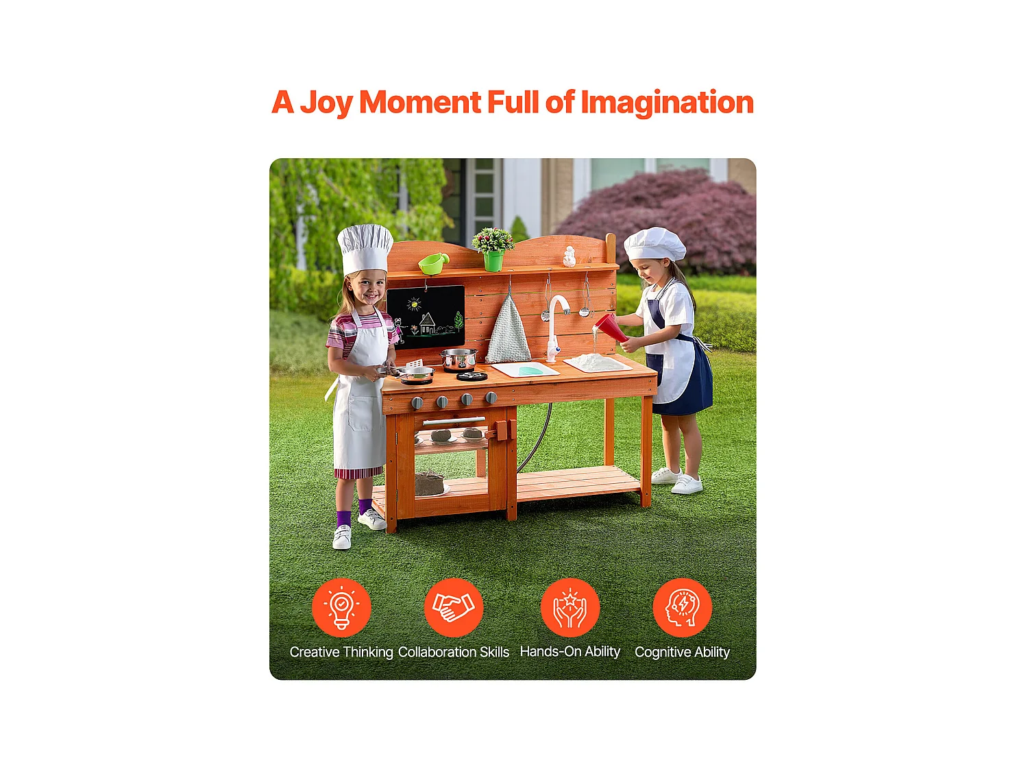 Cuisine en Bois SucceBuy, Ensemble de Cuisine de Jeu d'Extérieur pour Enfants, avec Boutons Sonores, pour s'Amuser en Extérieur