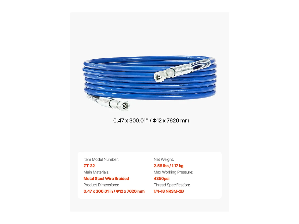 Tuyau de Pulvérisation SucceBuy de Peinture sans Air de 762cm 2.54/10.16cm, Haute Pression, Multicouche Renforcé, Flexible Universel pour la Peinture