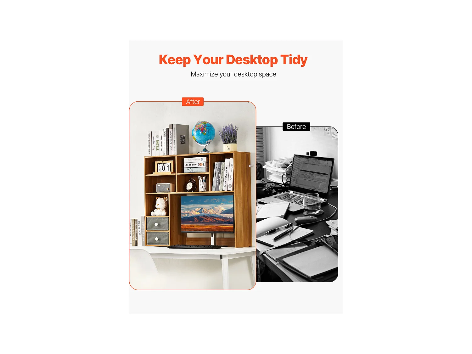 Bibliothèque de Bureau SucceBuy. Organisateur en Bois à 3 Niveaux. avec 2 Tiroirs en Tissu. pour le Bureau, la Maison et le Dortoir, pour le Bureau