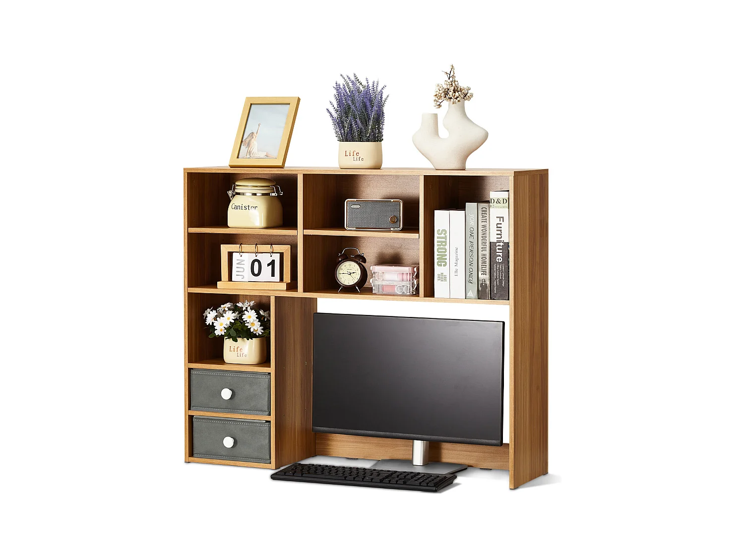 Bibliothèque de Bureau SucceBuy. Organisateur en Bois à 3 Niveaux. avec 2 Tiroirs en Tissu. pour le Bureau, la Maison et le Dortoir, pour le Bureau