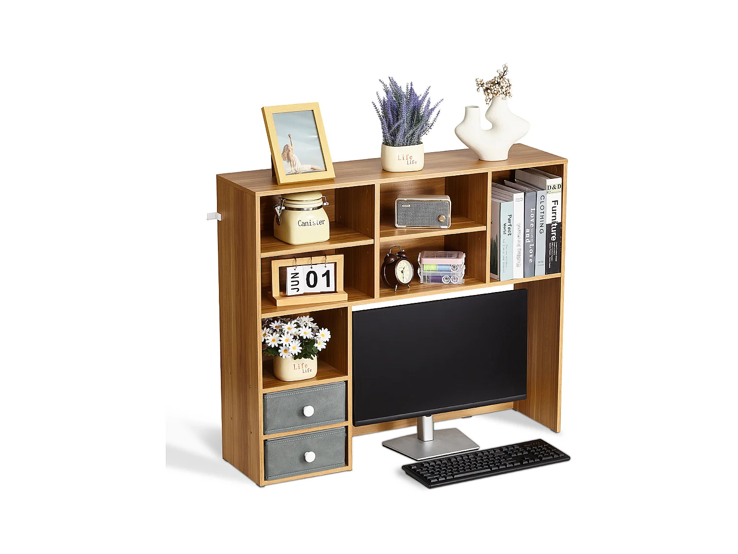 Bibliothèque de Bureau SucceBuy. Organisateur en Bois à 3 Niveaux. avec 2 Tiroirs en Tissu. pour le Bureau, la Maison et le Dortoir, pour le Bureau