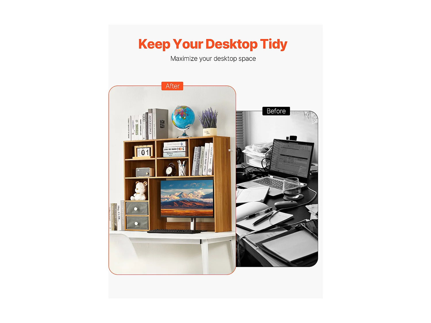 Biblioteczka Biurkowa SucceBuy. Organizer Drewniany 3-poziomowy. z 2 Szufladami z Tkaniny. do Biurka, Domu i Akademika, Do Biura