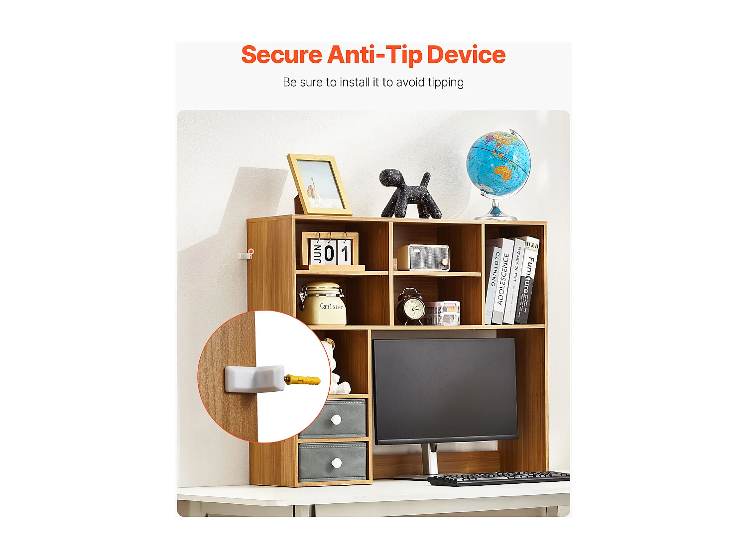 Biblioteczka Biurkowa SucceBuy. Organizer Drewniany 3-poziomowy. z 2 Szufladami z Tkaniny. do Biurka, Domu i Akademika, Do Biura