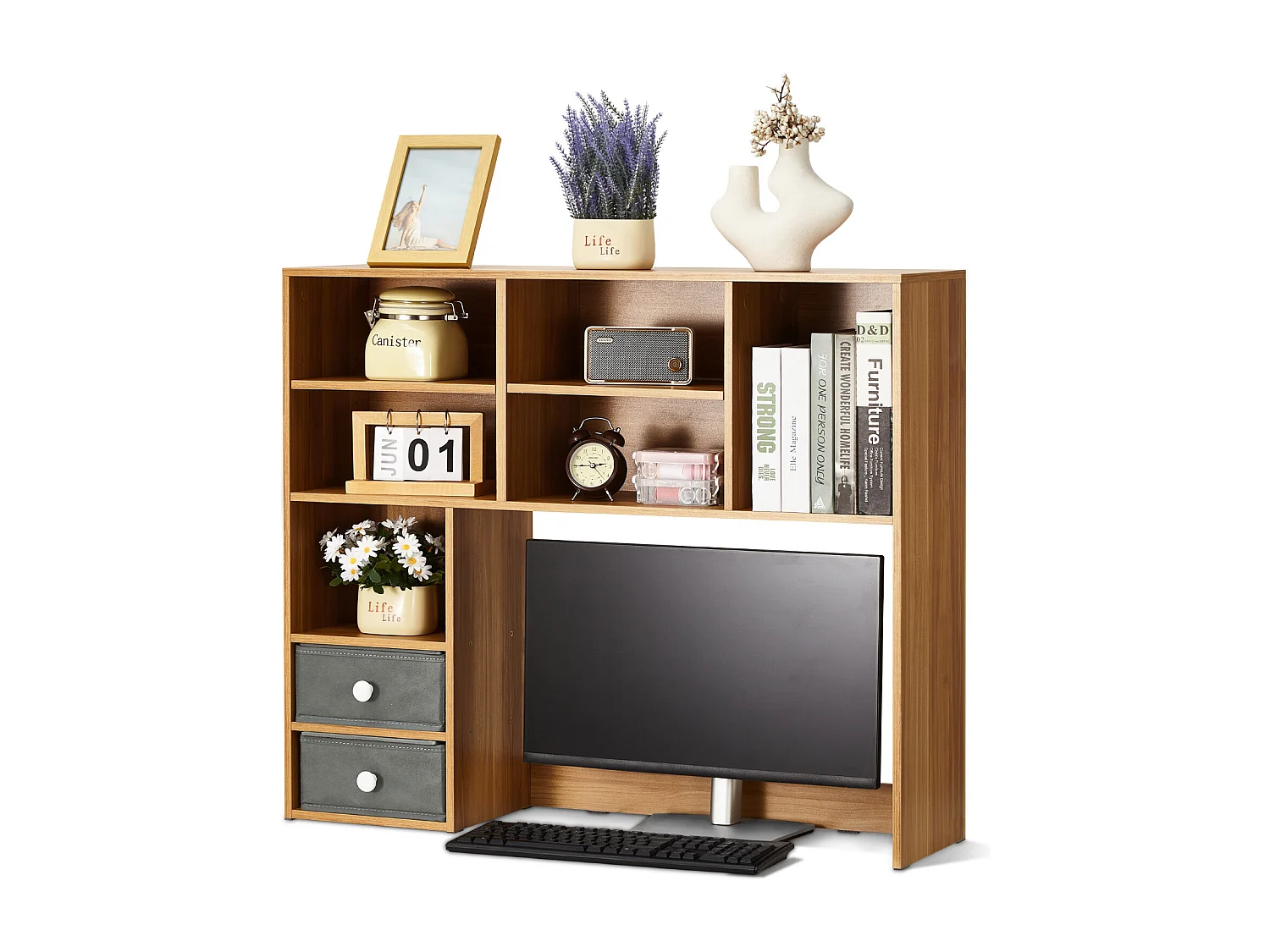 Biblioteczka Biurkowa SucceBuy. Organizer Drewniany 3-poziomowy. z 2 Szufladami z Tkaniny. do Biurka, Domu i Akademika, Do Biura