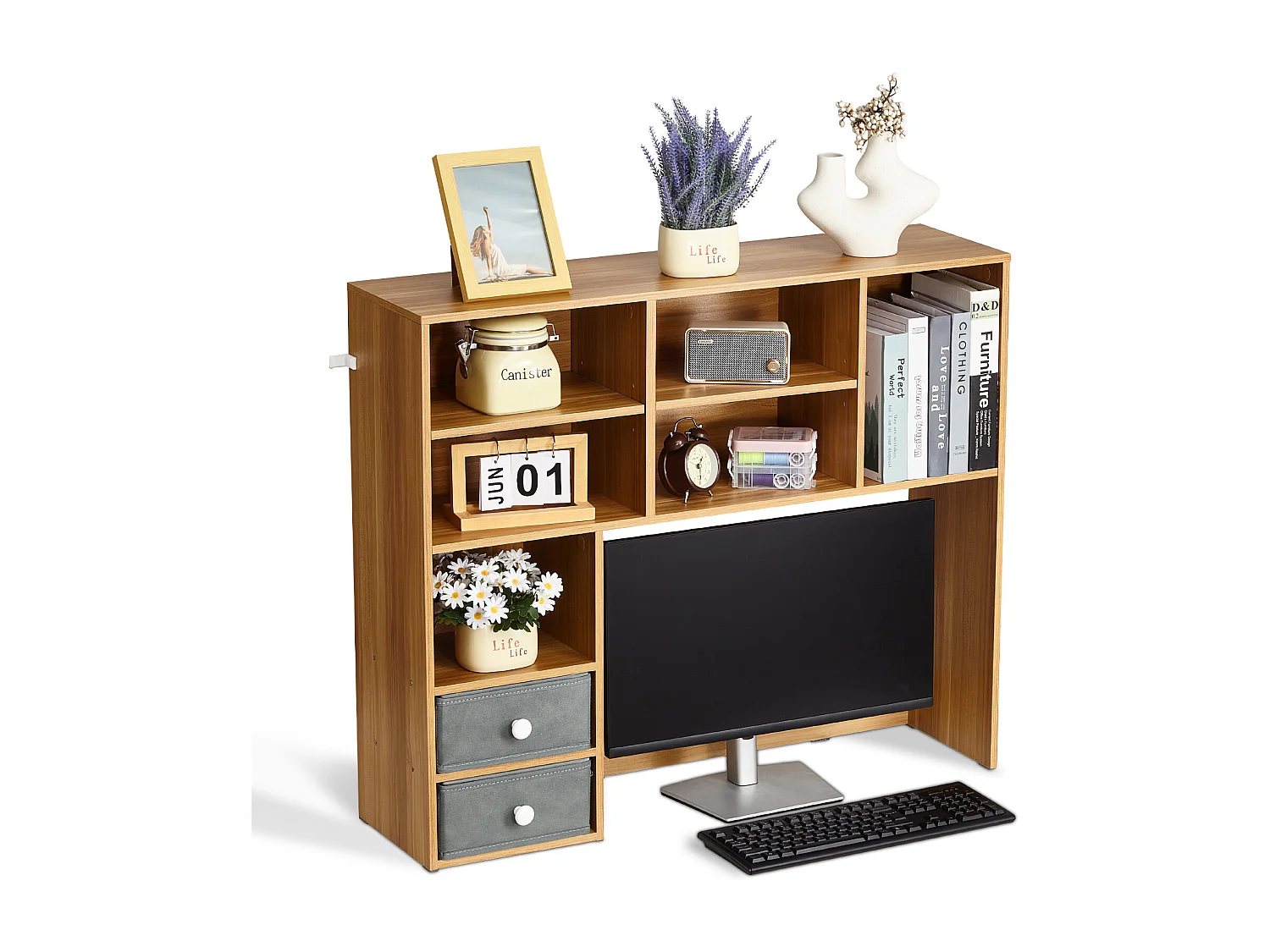 Biblioteczka Biurkowa SucceBuy. Organizer Drewniany 3-poziomowy. z 2 Szufladami z Tkaniny. do Biurka, Domu i Akademika, Do Biura