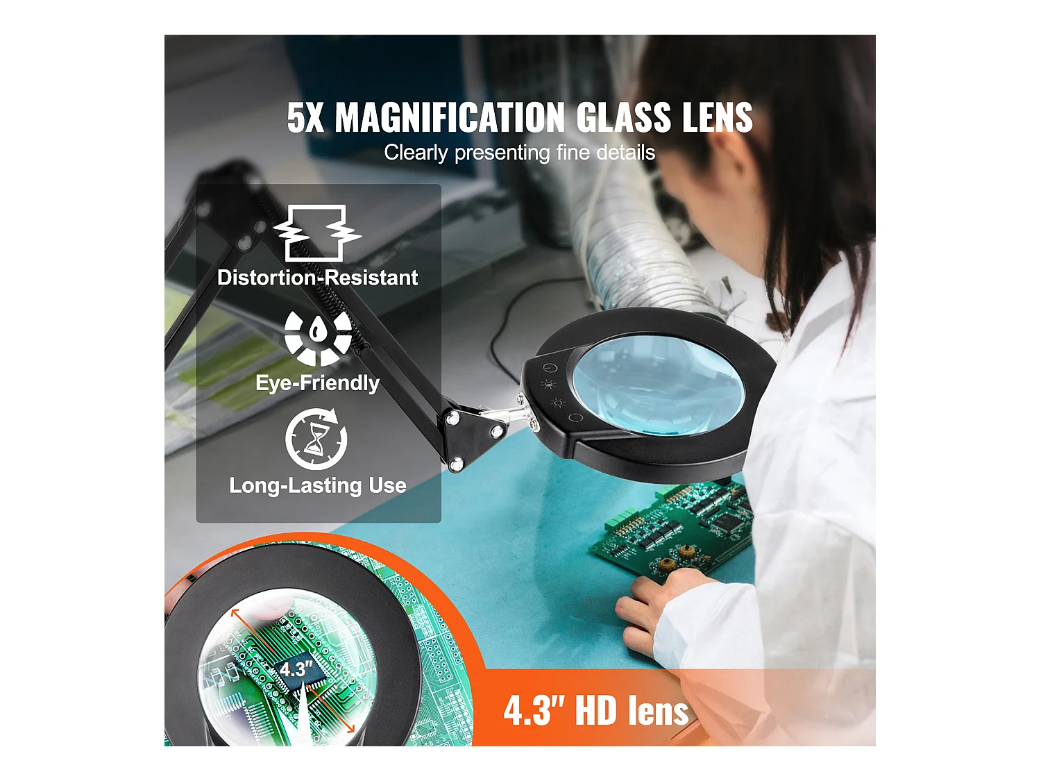 Loupe de Sol SucceBuy, 5X avec Lumière et Support LED 5 Modes de Couleur 3 en 1, Loupe sur Pied Réglable en Hauteur avec Lumière, Bras Flexible