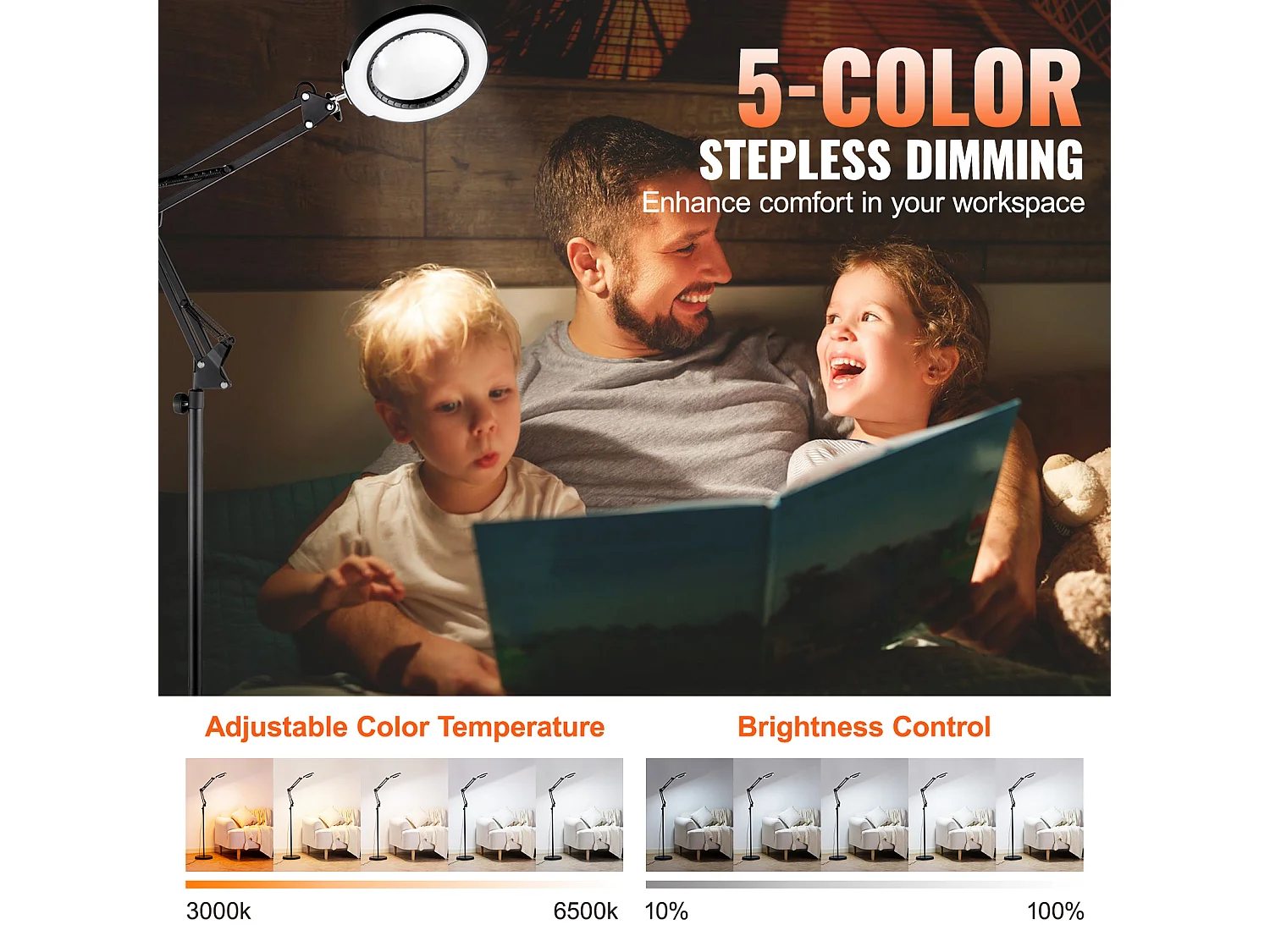 Loupe de Sol SucceBuy, 5X avec Lumière et Support LED 5 Modes de Couleur 3 en 1, Loupe sur Pied Réglable en Hauteur avec Lumière, Bras Flexible