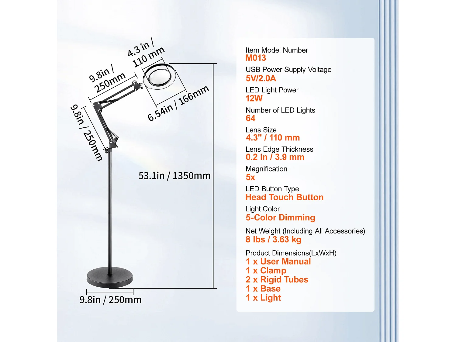 Loupe de Sol SucceBuy, 5X avec Lumière et Support LED 5 Modes de Couleur 3 en 1, Loupe sur Pied Réglable en Hauteur avec Lumière, Bras Flexible