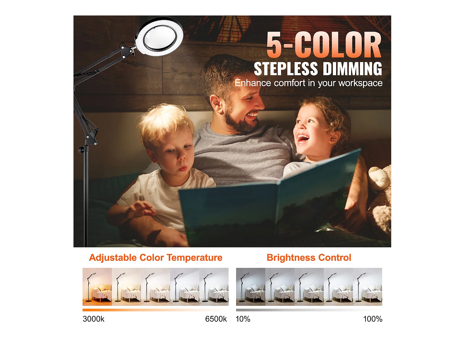 Loupe de Sol SucceBuy, 5X avec Lumière et Support LED 5 Modes de Couleur 3 en 1, Loupe sur Pied Réglable en Hauteur avec Lumière, Bras Flexible