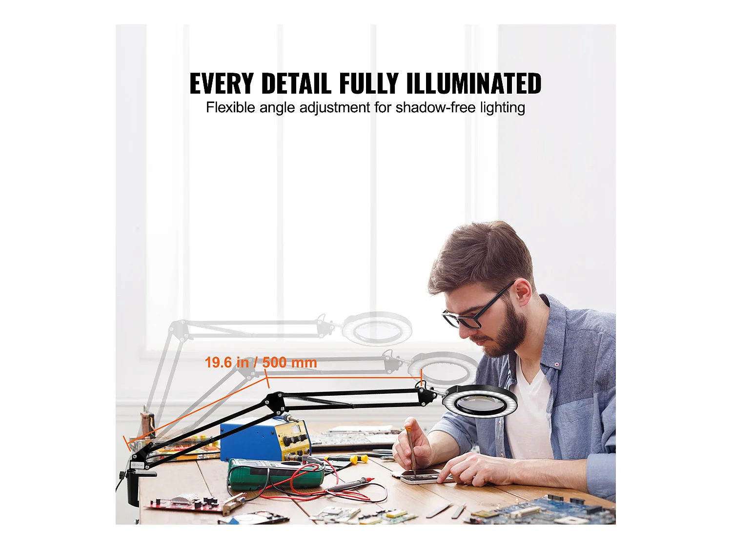 Loupe de Sol SucceBuy, 5X avec Lumière et Support LED 5 Modes de Couleur 3 en 1, Loupe sur Pied Réglable en Hauteur avec Lumière, Bras Flexible