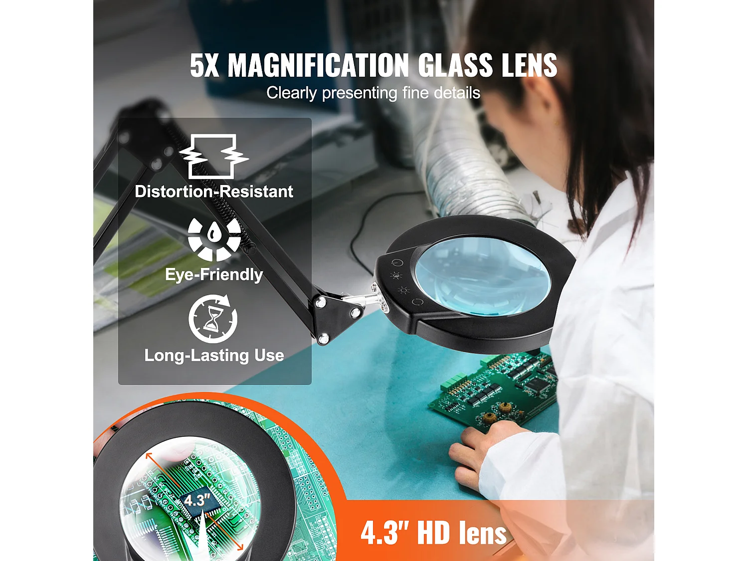 Loupe de Sol SucceBuy, 5X avec Lumière et Support LED 5 Modes de Couleur 3 en 1, Loupe sur Pied Réglable en Hauteur avec Lumière, Bras Flexible