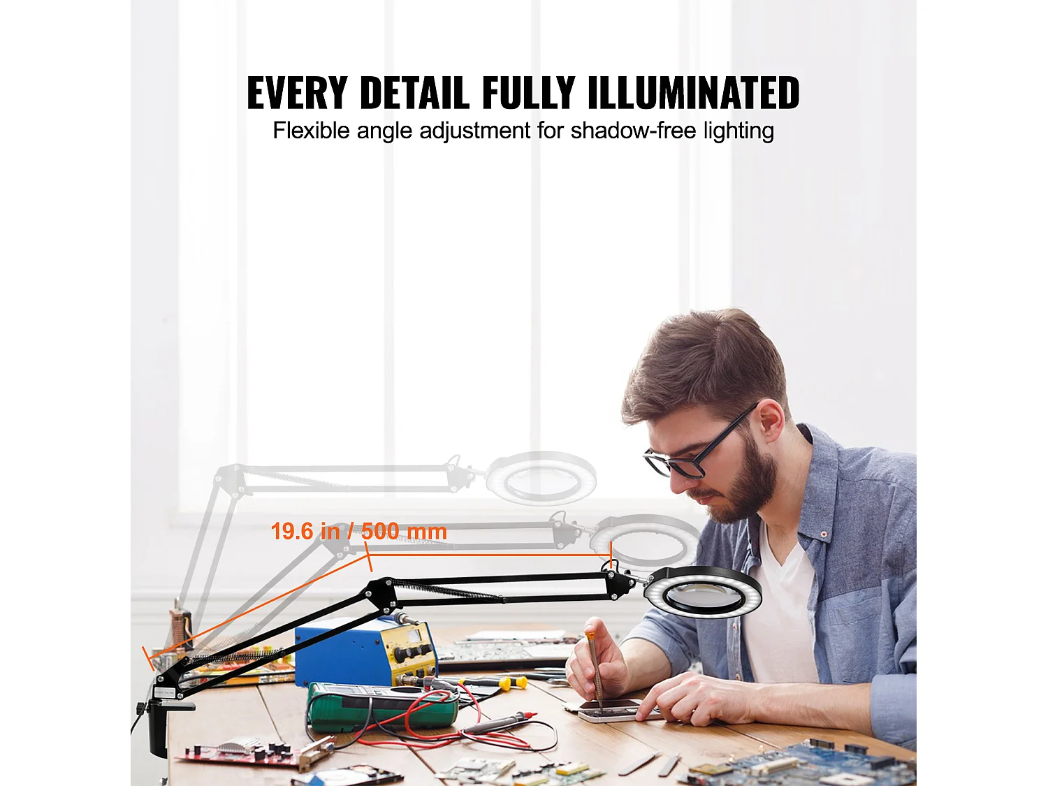 Loupe de Sol SucceBuy, 5X avec Lumière et Support LED 5 Modes de Couleur 3 en 1, Loupe sur Pied Réglable en Hauteur avec Lumière, Bras Flexible