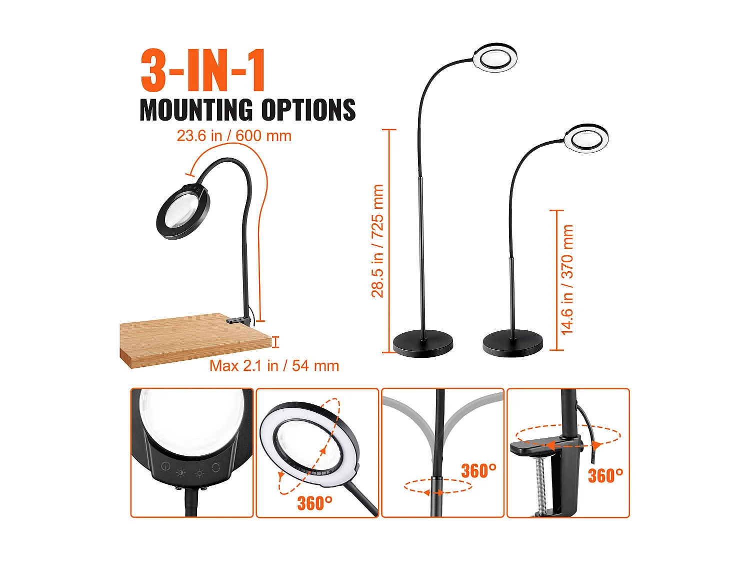 Loupe de Sol SucceBuy, 5X avec Lumière, Support Réglable et Col de Cygne Flexible LED