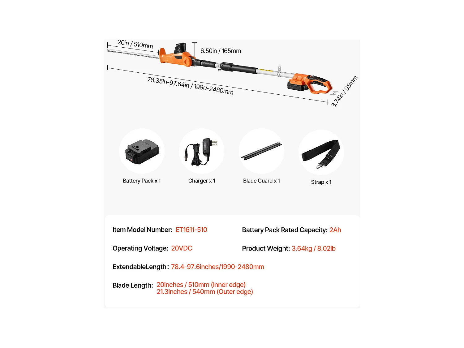 Taille-Haie Électrique Sans Fil Extensible SucceBuy, 20 V Batterie 2 A Lame 51cm, Angles Réglables