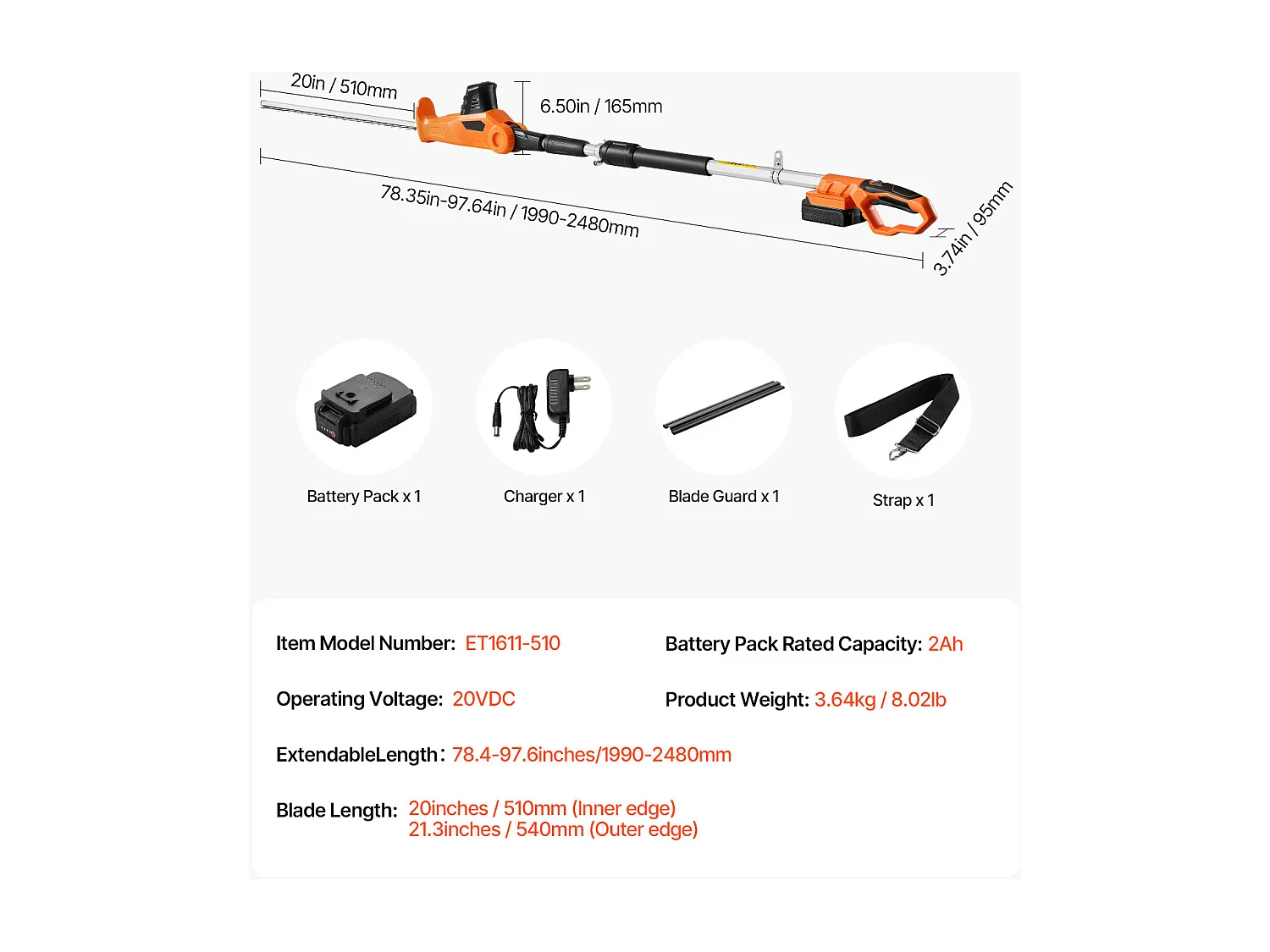 Taille-Haie Électrique Sans Fil Extensible SucceBuy, 20 V Batterie 2 A Lame 51cm, Angles Réglables