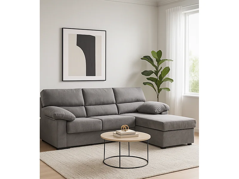 Sofá Chaise Longue reversible de 100x196x156 cm de tela antimanchas en gris oscuro Denver