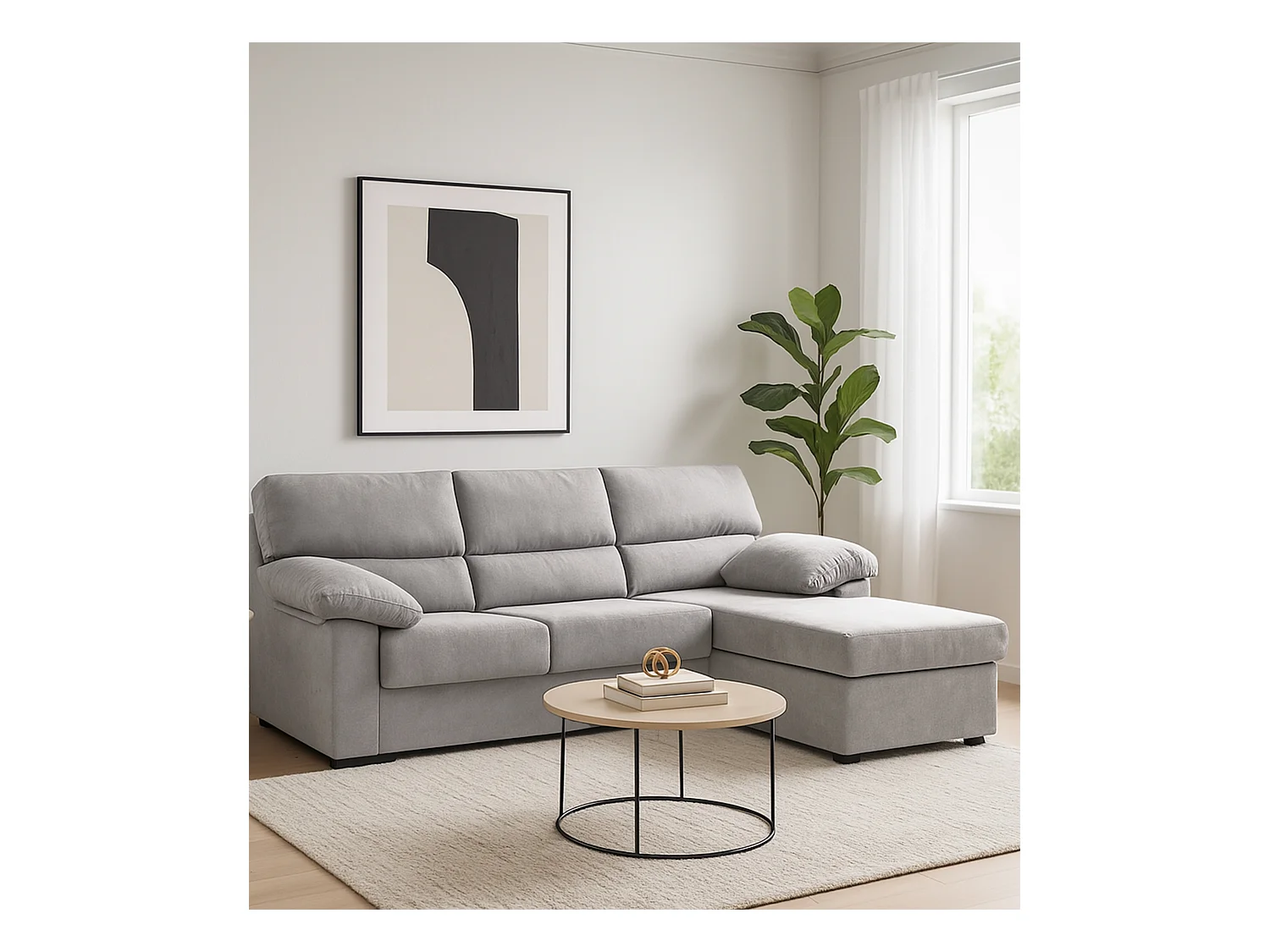 Sofá Chaise Longue reversible de 100x196x156 cm de tela antimanchas en gris claro Denver