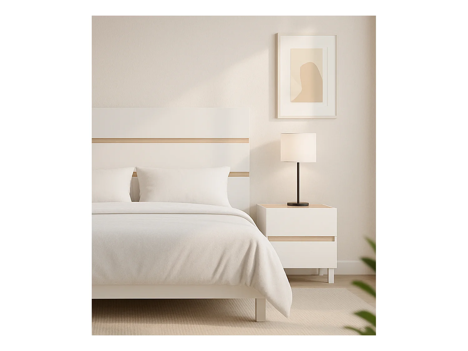 Pack de cabecero con 2 mesitas de noche de 127x260x35 cm en color blanco y beige Ébano