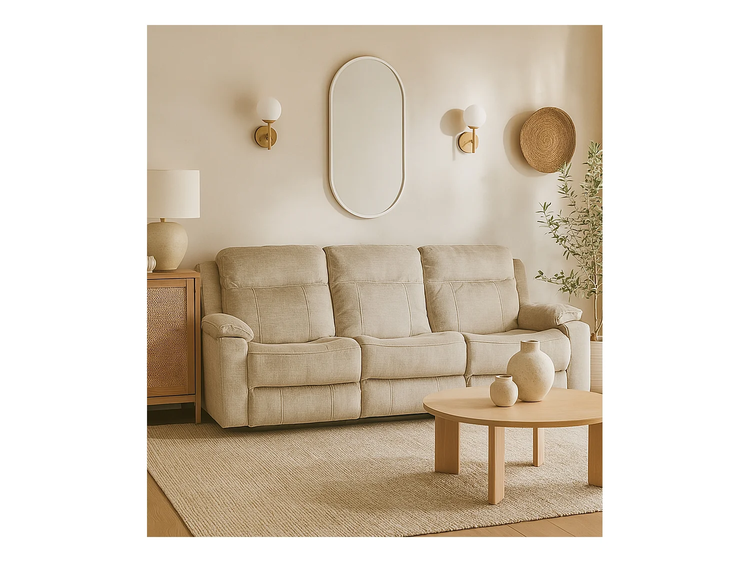 Sofá eléctrico de 3 plazas de 95x204x102 cm con mecanismo relax en color beige Reimon