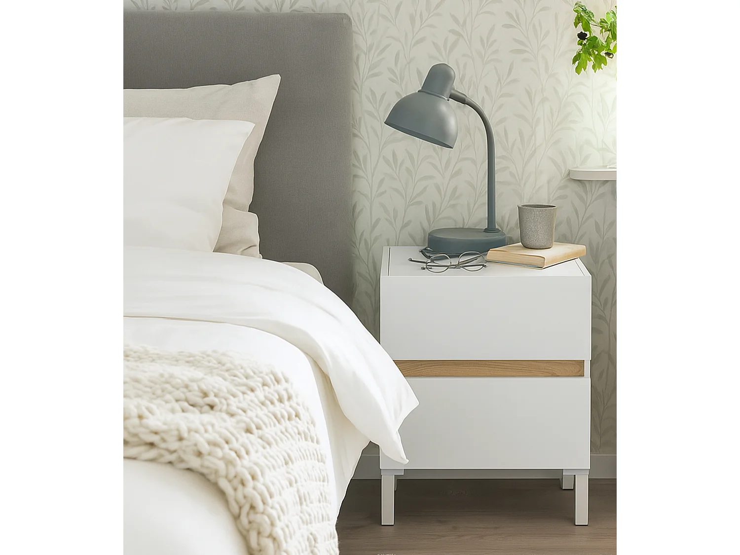 Mesita de noche de 53x50x35 cm con 2 cajones de melamina en color blanco y beige Ébano