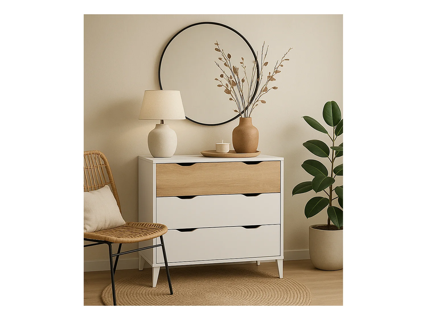 Cómoda de 76x71x40 cm con 3 cajones y patas de 10 cm en color blanco y beige Noive