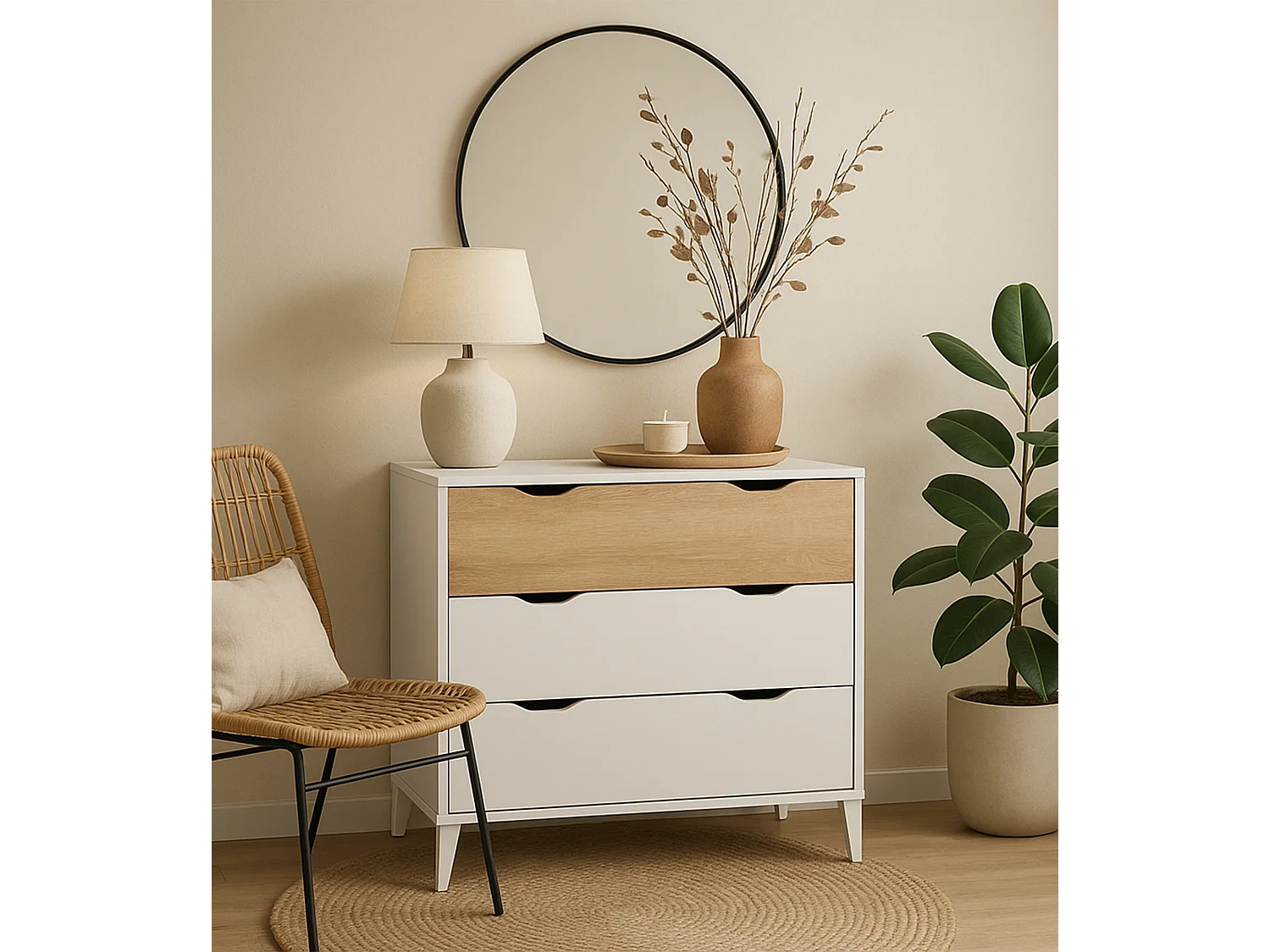 Cómoda de 76x71x40 cm con 3 cajones y patas de 10 cm en color blanco y beige Noive