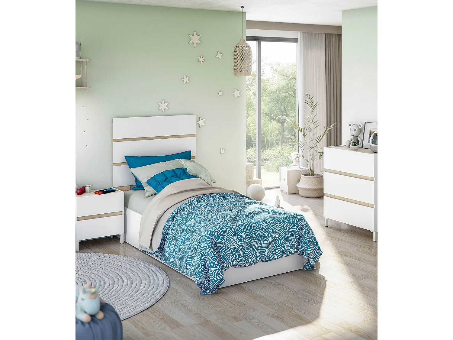 Cabecero de 126x100x3 cm para camas de 90 cm de melamina en color blanco y beige Ébano