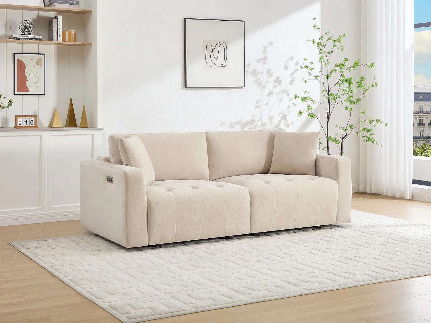 Canapé 3 places avec assise coulissante électrique en tissu beige DIMARIAS
