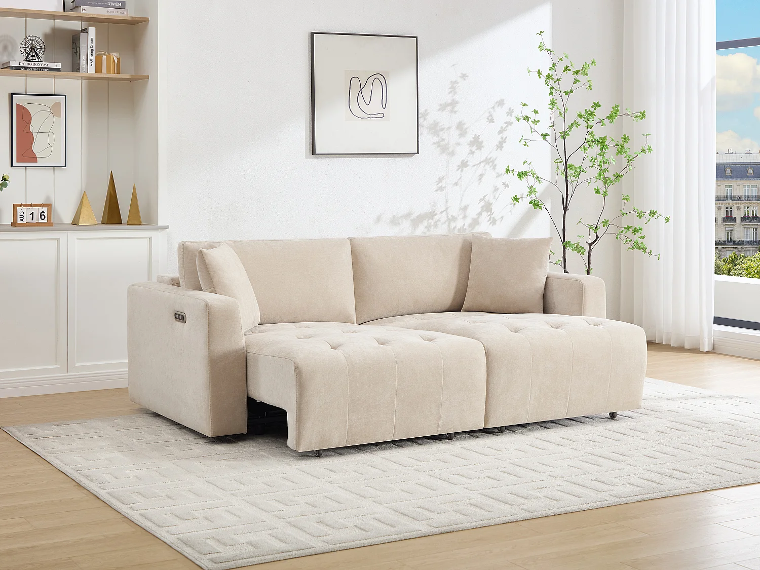 Canapé 3 places avec assise coulissante électrique en tissu beige DIMARIAS