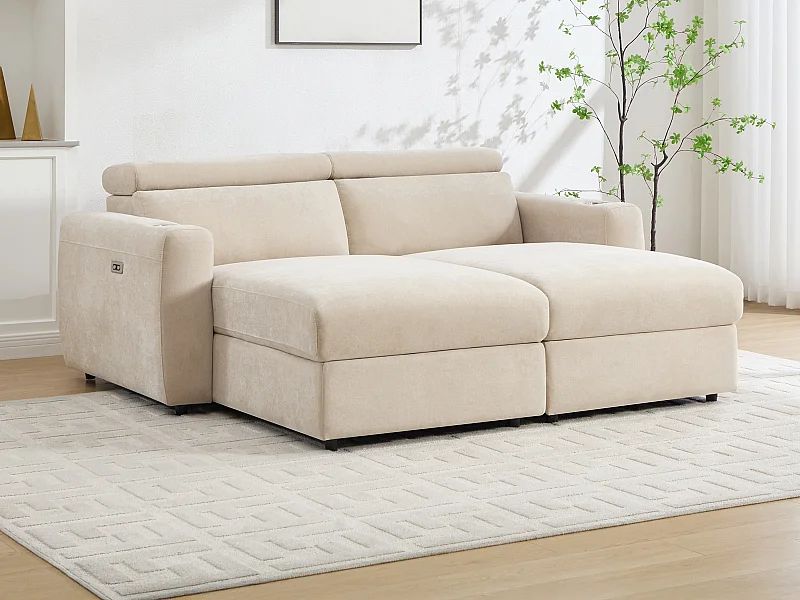 Canapé 3 places relax électrique assise profonde en tissu beige BERALDA