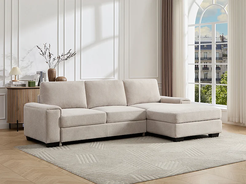 Canapé d'angle droit convertible en tissu texturé beige EMBAPO