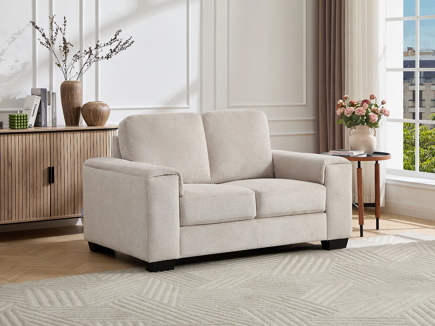 Canapé 2 places en tissu texturé beige EMBAPO