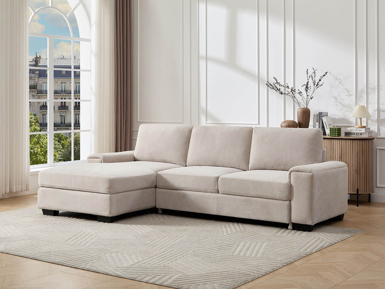 Vente-unique Ecksofa Links Mit Schlaffunktion – Strukturstoff – Beige – Embapo