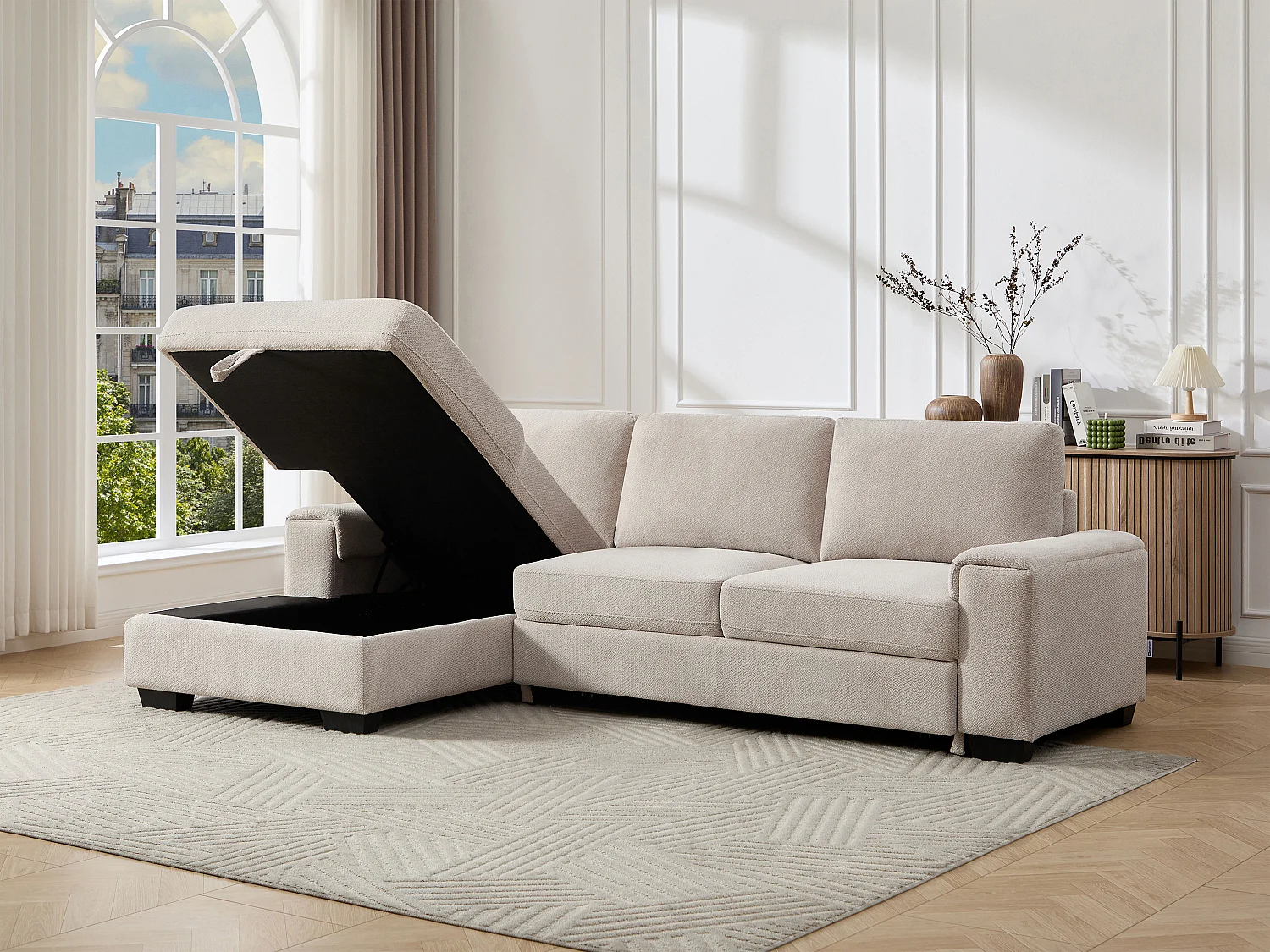 Canapé d'angle gauche convertible en tissu texturé beige EMBAPO