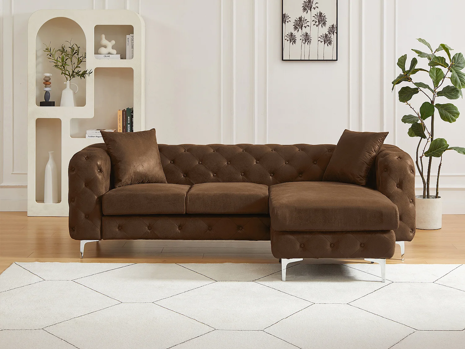 Canapé d'angle réversible chesterfield en microfibre aspect cuir vieilli marron EDWINA
