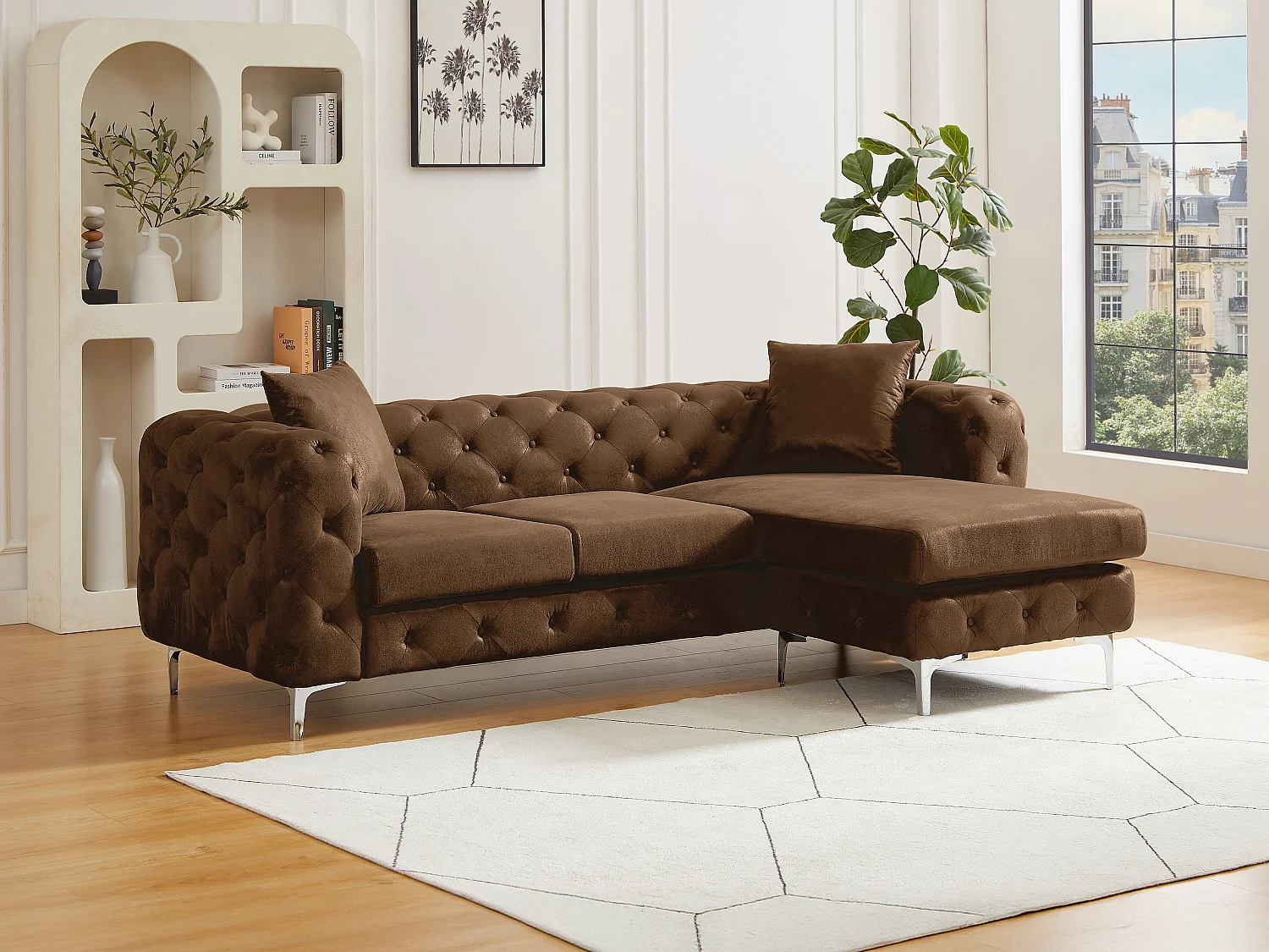 Canapé d'angle réversible chesterfield en microfibre aspect cuir vieilli marron EDWINA