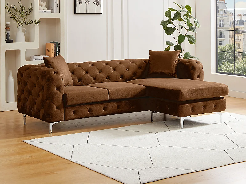 Canapé d'angle réversible chesterfield en microfibre aspect cuir vieilli marron EDWINA