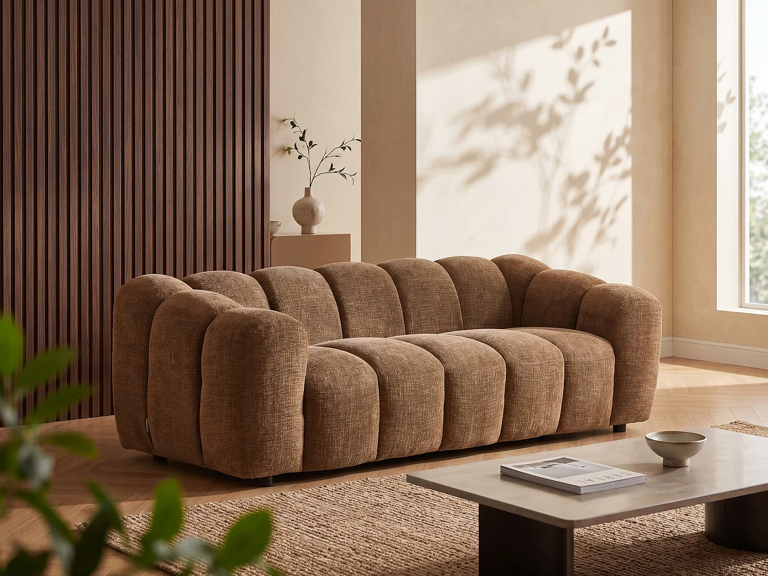 3-seater sofa in brown chenille fabric NELIMAR