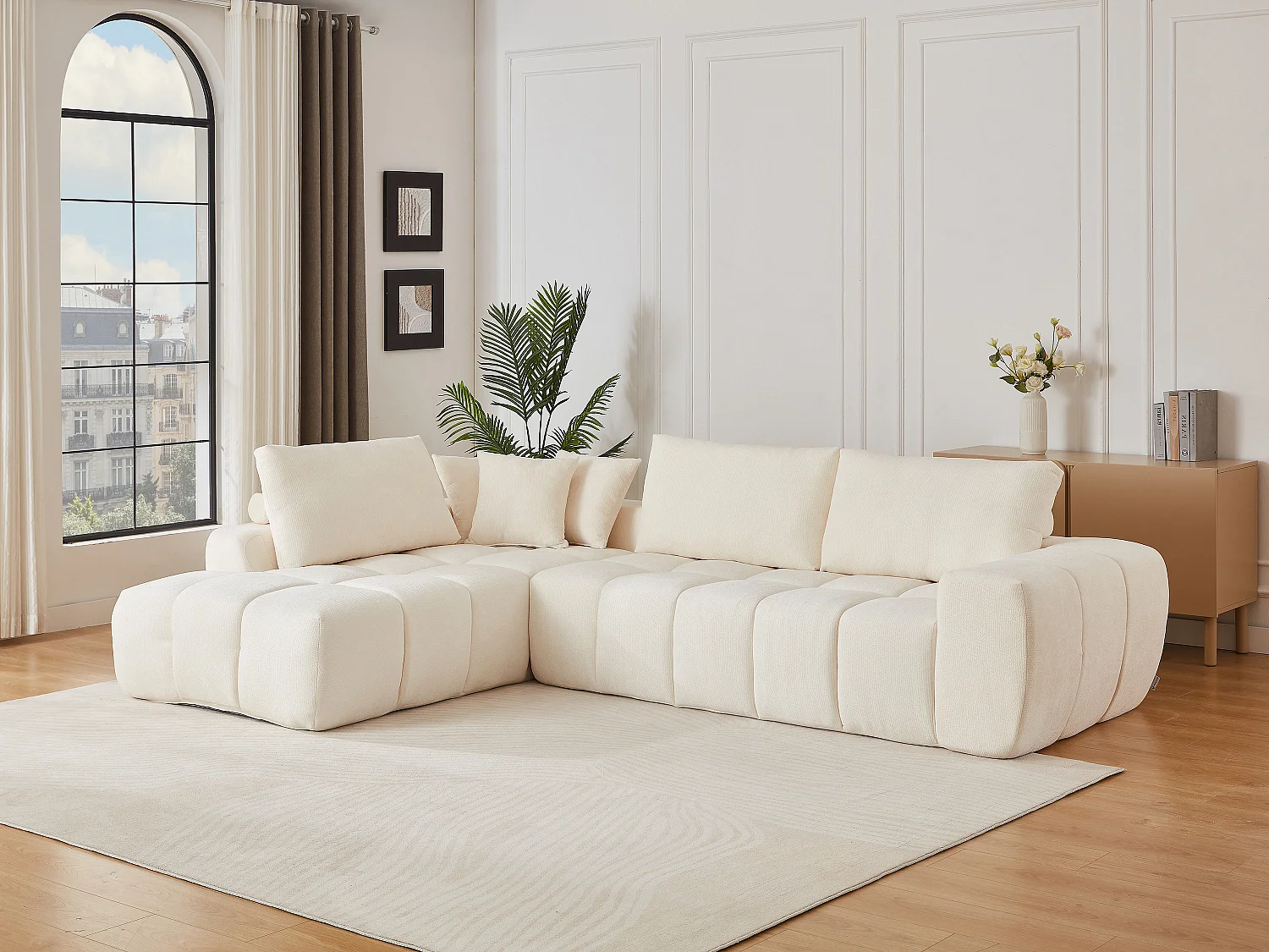 Canapé d'angle gauche en tissu texturé beige LAVEZO