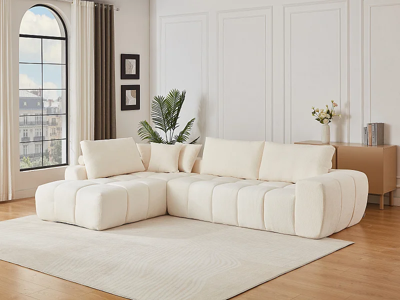 Sofá de canto esquerdo em tecido texturado bege – LAVEZO