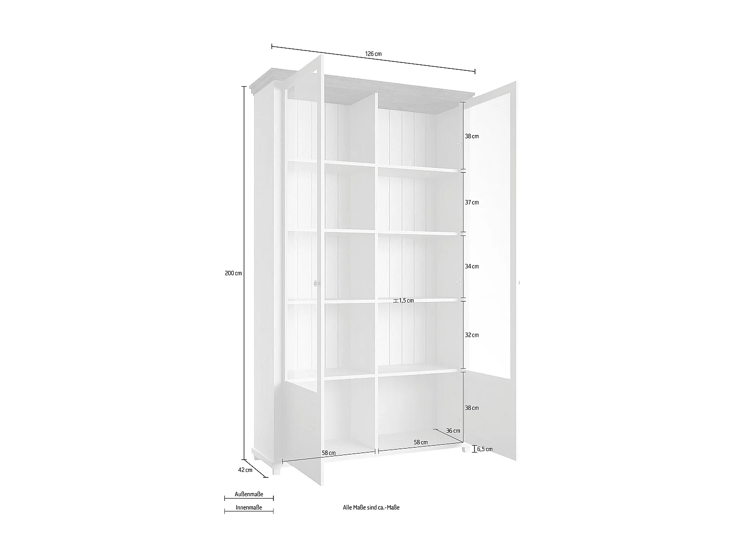 VITRINE Elda Grün / Eiche Lefkas 126 / 42 / 200 cm