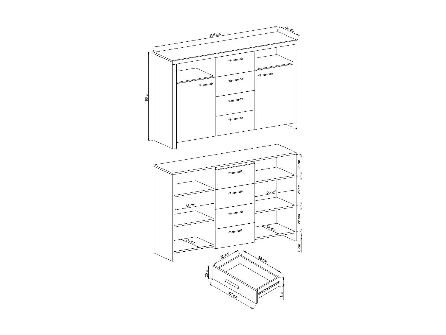 KOMMODE Sky Eiche Riviera 155 / 40 / 96cm