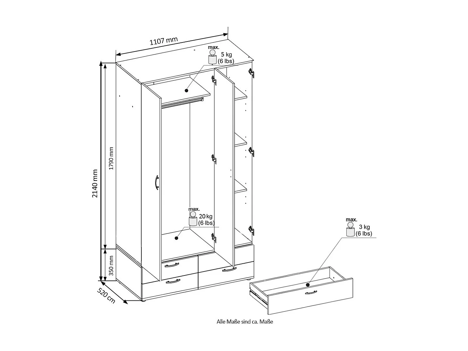 KLEIDERSCHRANK Basic Weiß 110,7 / 52 / 214 cm
