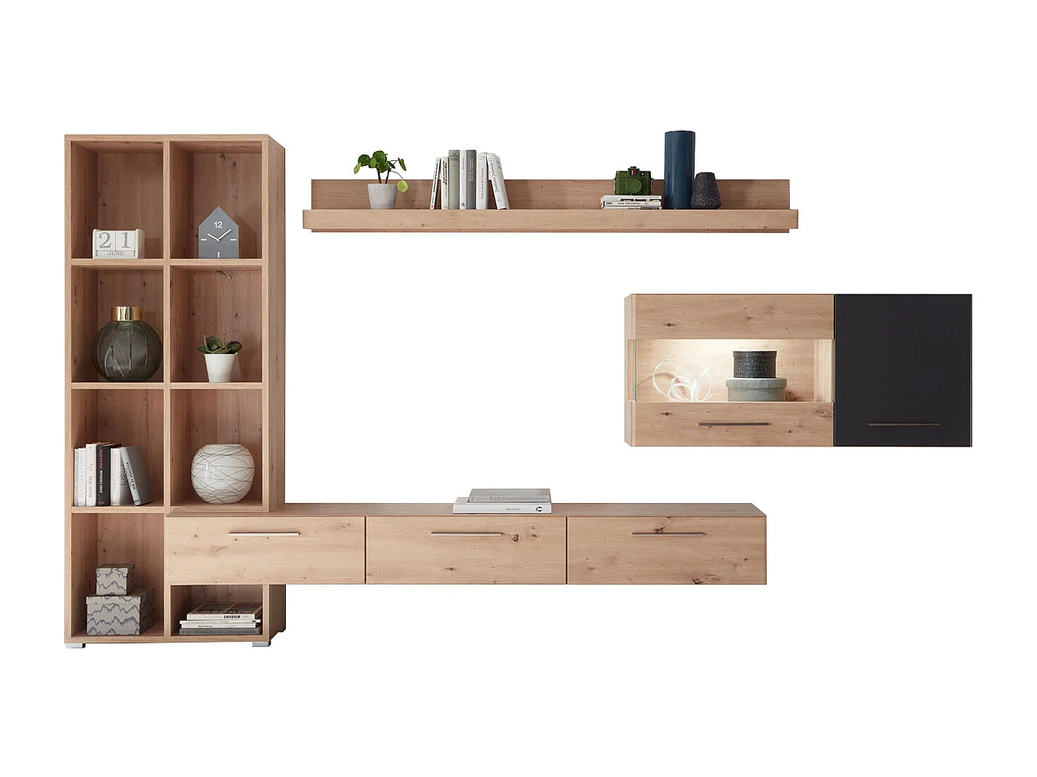 WOHNWAND Space Eiche Artisan / cosmos grey 3-teilig