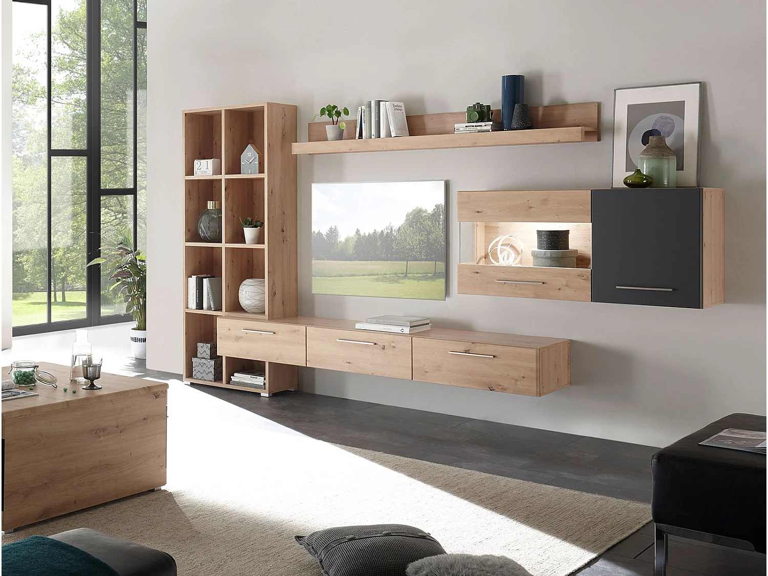 WOHNWAND Space Eiche Artisan / cosmos grey 3-teilig